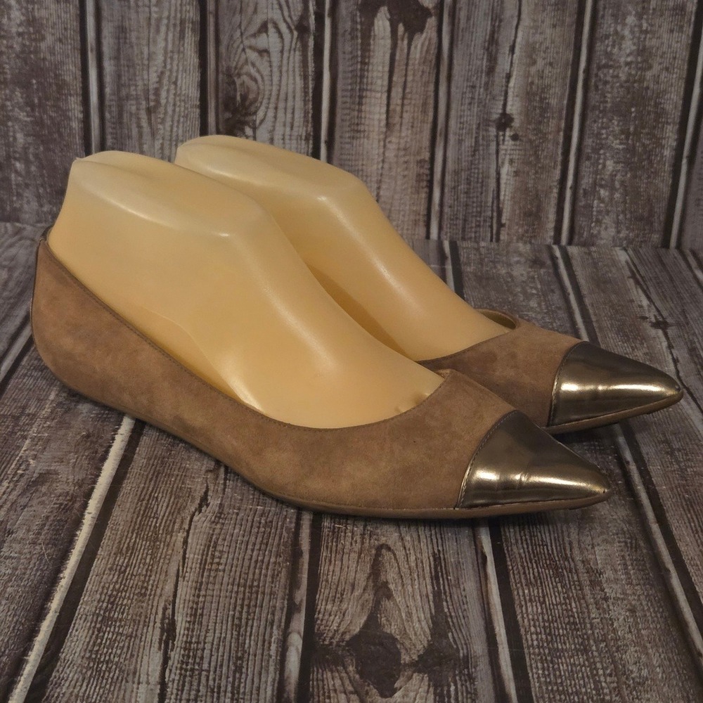 Sz 37/ 7 Jimmy Choo Brown Suede Metallic Gold Cap Toe Pointed Ballet Flats VGUC